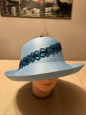 Light Blue Satin Ribbon Women’s Hat with Floral Embroidered Sequined Trim